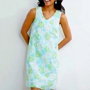 J. Jill Love Linen Coral Reef and Turtle Dress Sleeveless V-Neck Lined Large